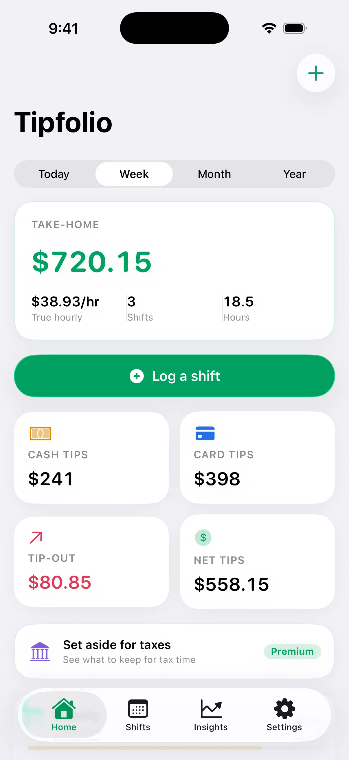 The Tipfolio dashboard showing take-home, true hourly, and the cash, card, and tip-out breakdown.